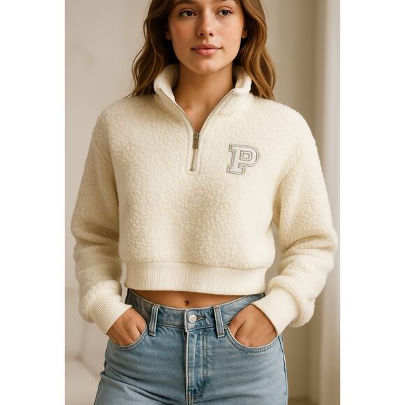 Victoria’s Secret PINK Cropped Sherpa Fleece 1/4 Zip Pullover Sweatshirt XS NWT - Picture 1 of 10